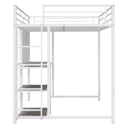 Full Size Loft Bed with Desk and Whiteboard, Metal Loft Bed with 3 Shelves and Ladder, Black