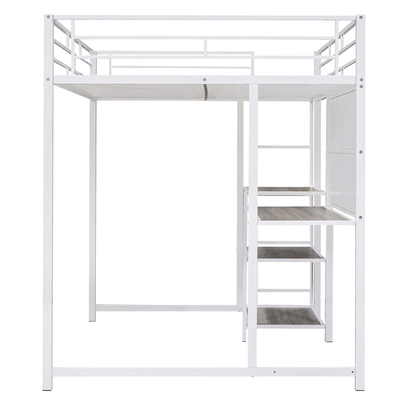 Full Size Loft Bed with Desk and Whiteboard, Metal Loft Bed with 3 Shelves and Ladder, Black