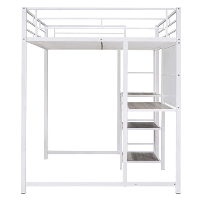 Full Size Loft Bed with Desk and Whiteboard, Metal Loft Bed with 3 Shelves and Ladder, Black
