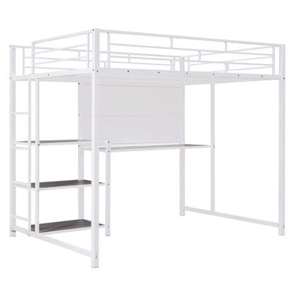 Full Size Loft Bed with Desk and Whiteboard, Metal Loft Bed with 3 Shelves and Ladder, Black