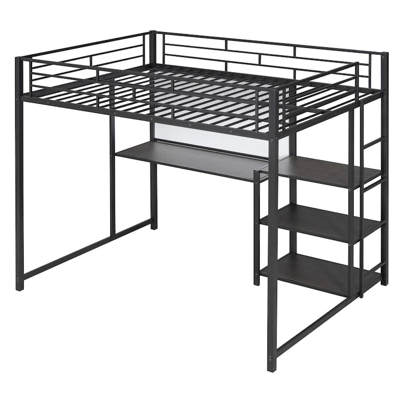 Full Size Loft Bed with Desk and Whiteboard, Metal Loft Bed with 3 Shelves and Ladder, Black