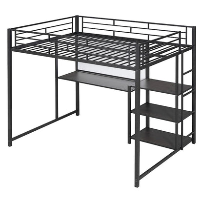 Full Size Loft Bed with Desk and Whiteboard, Metal Loft Bed with 3 Shelves and Ladder, Black