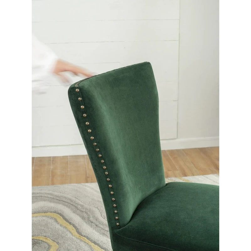 Velvet Armless Nail Head Wooden Dining Chairs 37 Green and Brown 2Ct