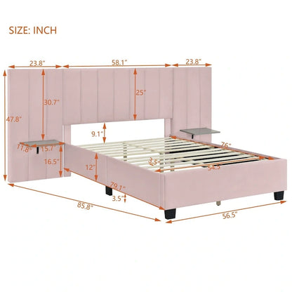 Full Size Velvet Upholstered Platform Bed with Big Headboard, Bedroom Furniture