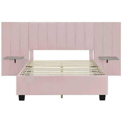 Full Size Velvet Upholstered Platform Bed with Big Headboard, Bedroom Furniture