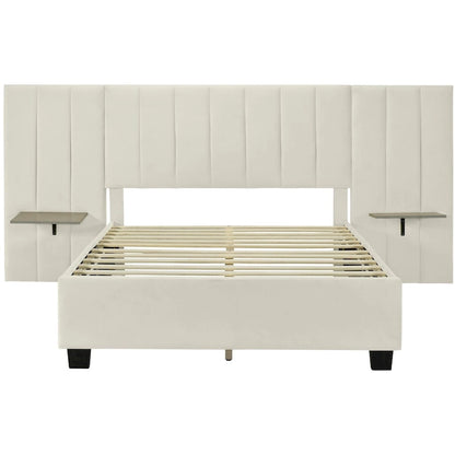 Full Size Velvet Upholstered Platform Bed with Big Headboard, Bedroom Furniture