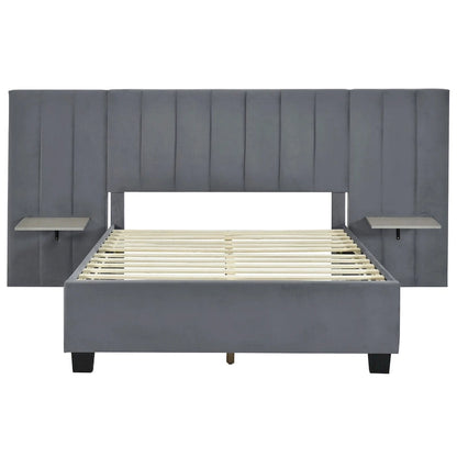 Full Size Velvet Upholstered Platform Bed with Big Headboard, Bedroom Furniture