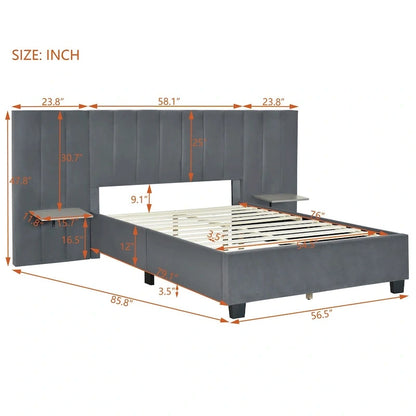 Full Size Velvet Upholstered Platform Bed with Big Headboard, Bedroom Furniture