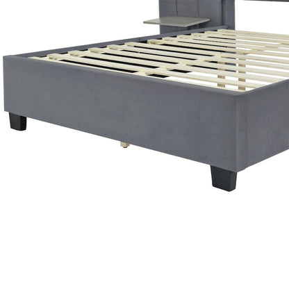 Full Size Velvet Upholstered Platform Bed with Big Headboard, Bedroom Furniture