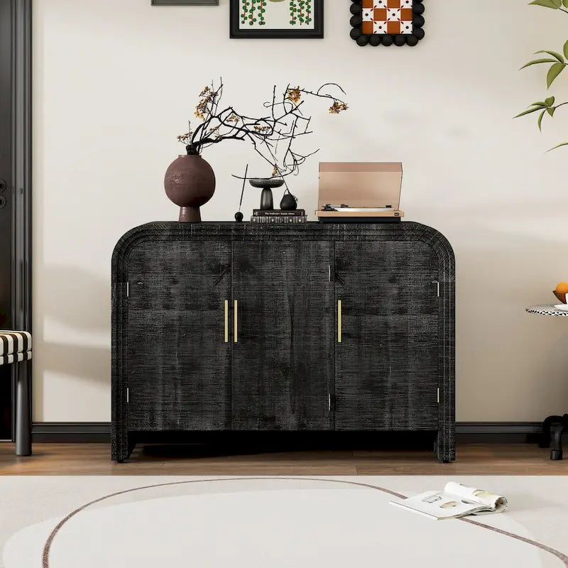Retro Minimalist Curved Sideboard with Gold Handles - N/A