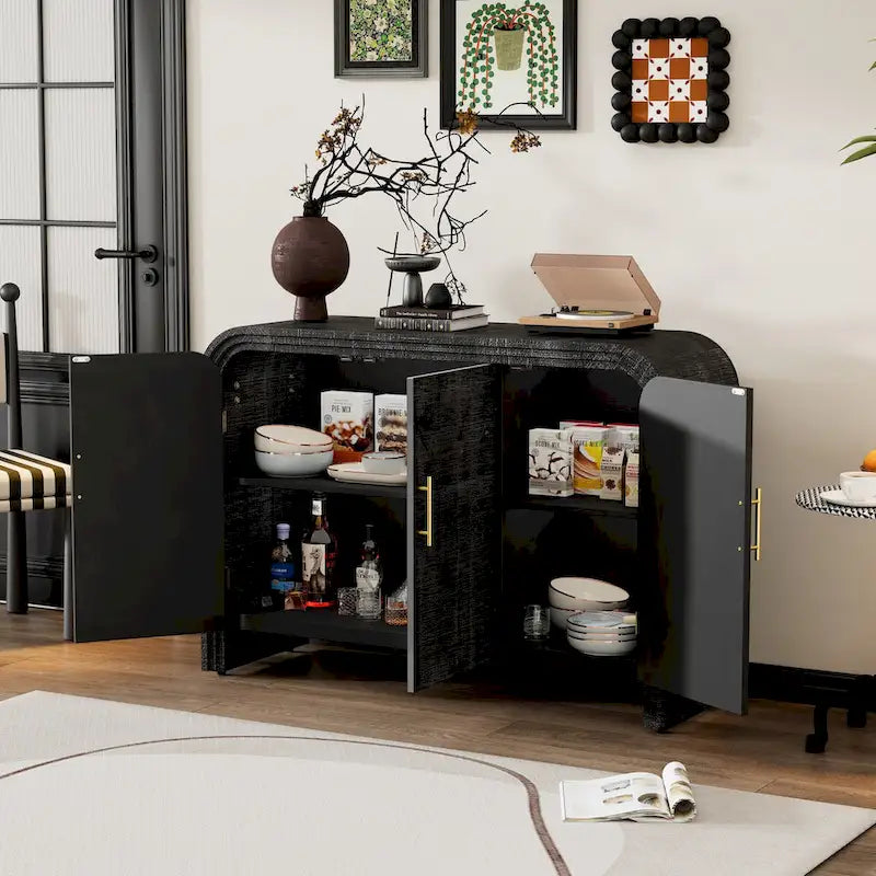 Retro Minimalist Curved Sideboard with Gold Handles - N/A