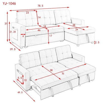 78.5-inch Beige Reversible Sleeper Sectional Sofa with Storage Chaise and Side Storage Bag - 78.5W x 49D x 31H