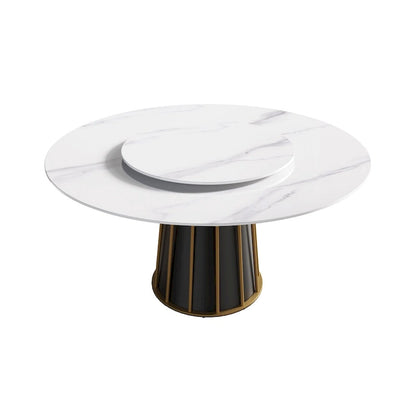 59 White Round Dining Table with Lazy Susan, Sintered Stone Tabletop - N/A