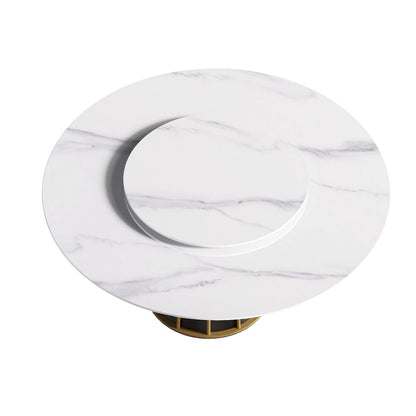 59 White Round Dining Table with Lazy Susan, Sintered Stone Tabletop - N/A