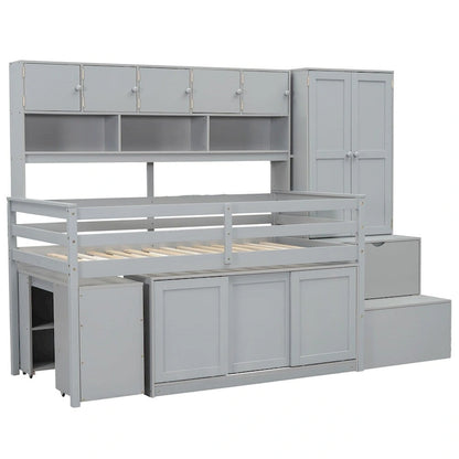 Twin Size Wooden Loft Bed Storage w/ Under-bed Desk, Drawers, Shelves