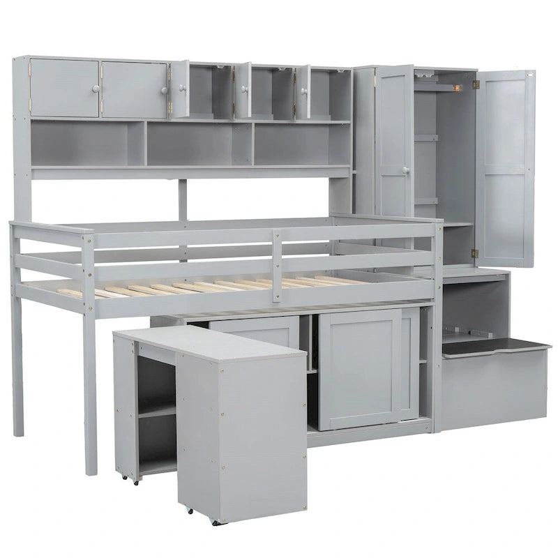 Twin Size Wooden Loft Bed Storage w/ Under-bed Desk, Drawers, Shelves