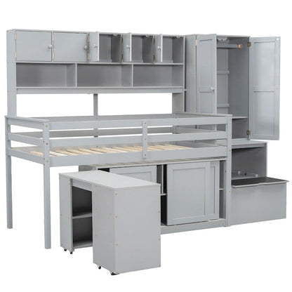 Twin Size Wooden Loft Bed Storage w/ Under-bed Desk, Drawers, Shelves
