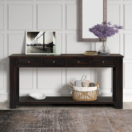 63 Pine Wood Console Table with 4 Drawers and 1 Bottom Shelf