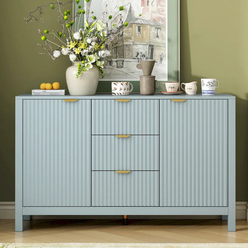 Modern Wave-Design Entryway Cabinet with 3 Adjustable Shelves 2Doors Storage Console Table with3 Drawers