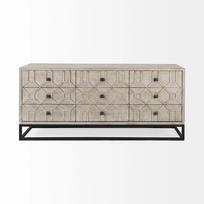 Genevieve II Gray Fir Veneer w/Gold Metal Frame Base 9 Drawer Sideboard