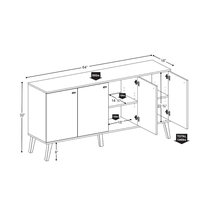 Prepac Milo Mid-Century Modern 4-Door Buffet - 64 W x 32 H x 16 D