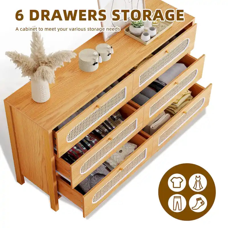 Moasis Rattan 6 Drawer Double Dresser Chest of Drawers Storage Cabinet
