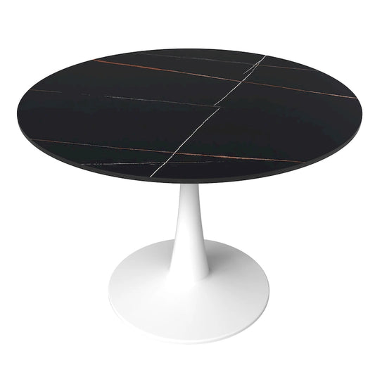LeisureMod Bristol 40 Round Dining Table for 4 with Sintered Stone Tabletop in White Base for Kitchen & Dining Room