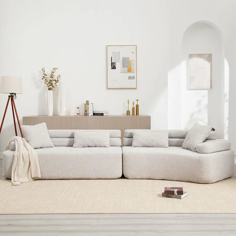 Modern Boucle 4-Seater Upholstered Sectional Sofa with 4 Pillows