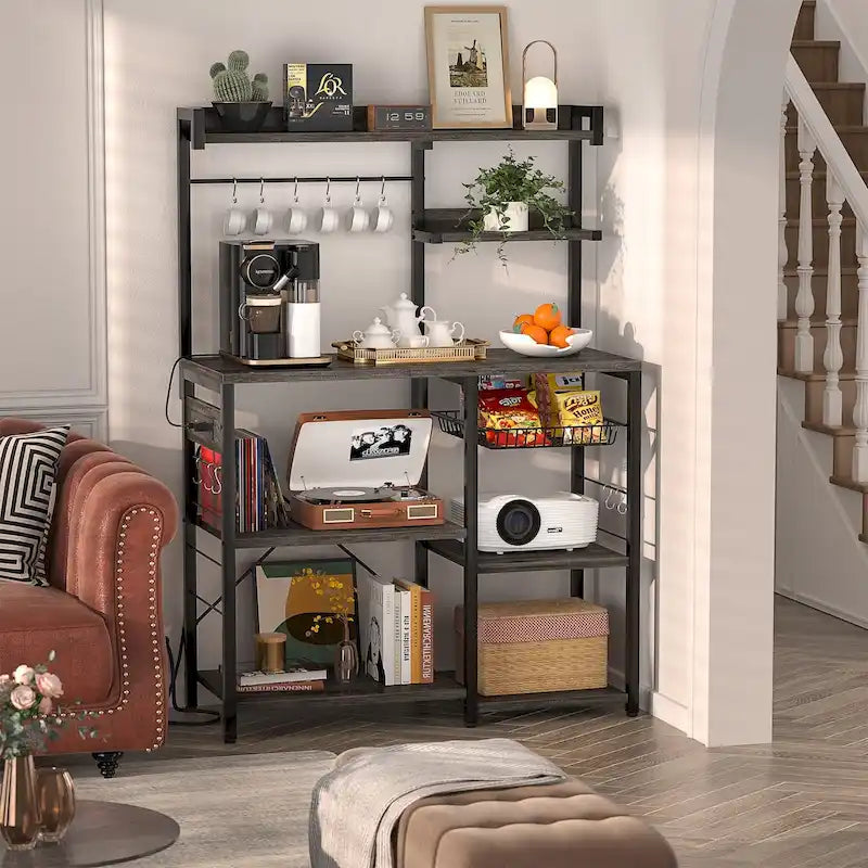 Bakers Rack with Power Outlet and LED Light Strings, Kitchen Storage Shelf