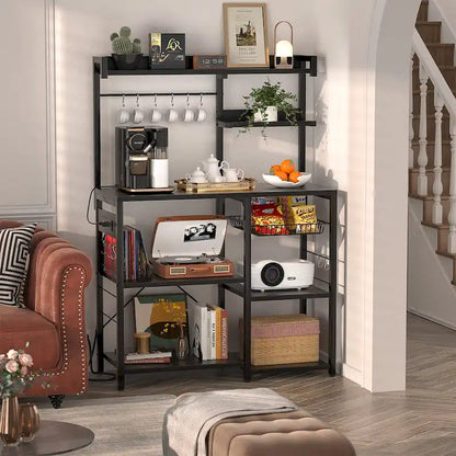 Bakers Rack with Power Outlet and LED Light Strings, Kitchen Storage Shelf