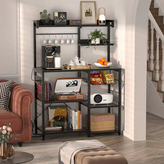 Bakers Rack with Power Outlet and LED Light Strings, Kitchen Storage Shelf
