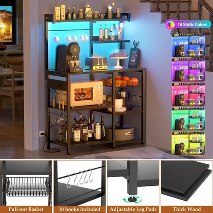 Bakers Rack with Power Outlet and LED Light Strings, Kitchen Storage Shelf