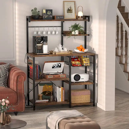 Bakers Rack with Power Outlet and LED Light Strings, Kitchen Storage Shelf