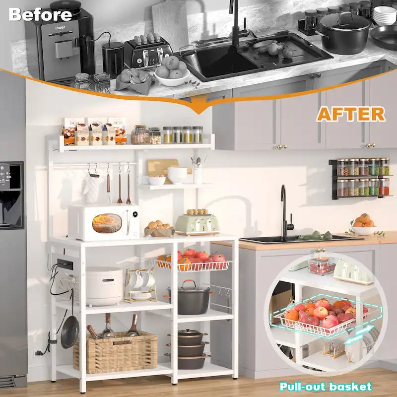Bakers Rack with Power Outlet and LED Light Strings, Kitchen Storage Shelf