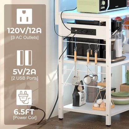 Bakers Rack with Power Outlet and LED Light Strings, Kitchen Storage Shelf